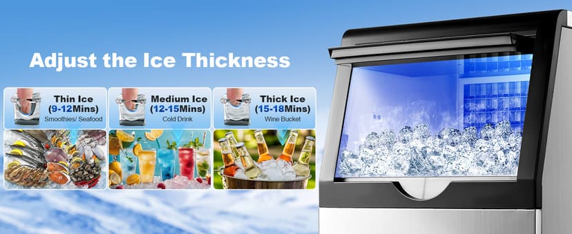 Amzgachfktch Commercial Ice Maker, 100lbs/24H Ice Maker Machine, Auto Self-Cleaning, LED Digital Display, Blue Light, Under Counter/Freestanding Ice Machine for Home/Office/Restaurant/Bar