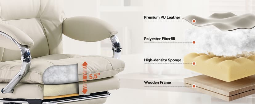LEAGOO Office Chair with Foot Rest, Ergonomic Executive Office Chair with Arms, Reclining High Back PU Leather Comfy Swivel Computer Desk Chairs with Wheels and Lumbar Support for Home Office, Cream