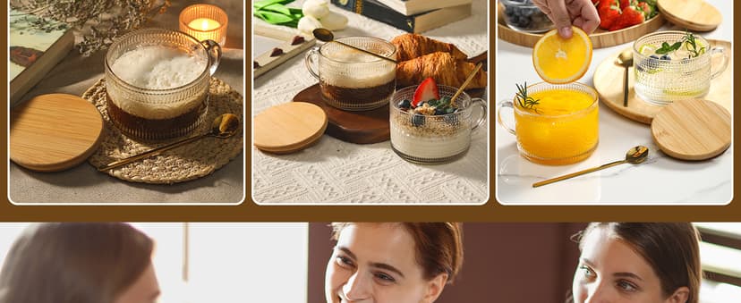 LANDNEOO 4pcs Set Vintage Coffee Mugs gifts for women, Overnight Oats Containers with Bamboo Lids and Spoons - 14oz Clear Embossed Glass Cups, Cute Coffee Bar Accessories, Iced Coffee Glasses