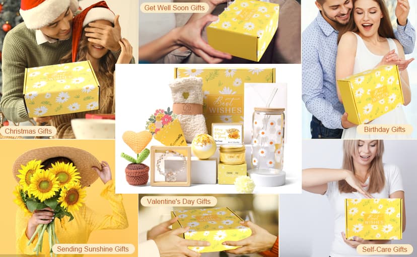 Birthday Gifts for Women, Gift Baskets for Women, Best Friend Friendship Gifts, Get Well Soon Inspirational Gift Set Box for Woman Her Teen Girl Sister Friendship w 18oz Daisy Cup