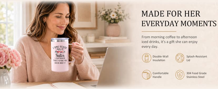 Gift-Ready Package with 20oz Mug, Straw, Sliding Lid, Brushes, Keychain & Gift Box, Birthday & Christmas Gift for Sisters Lifecapido Sister Gifts, 20oz Stainless Steel Insulated Coffee Mug Set B0FMK4LXHG