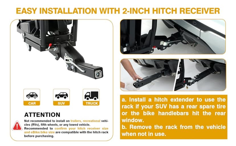 Ebike Rack with Ramp for 2 E-Bikes 200 lbs Capacity Fits 5" Fat Tire, Hitch Bike Rack for Cars SUVs Trucks with 2" Receiver, Foldable Tilting Locking No Assembly Needed E-Bike Platform Carrier