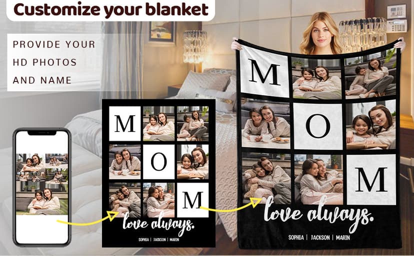 Mothers Day Birthday Gifts for Mom, Personalized Blanket with Photos to My Mom Gift from Daughter Son, Custom Blanket with Pictures Text, Birthday for Wife Grandma Women