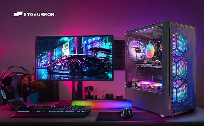 STGAubron Gaming PC Desktop Computer, Intel Core I7 up to 3.9 GHz, Radeon RX 580 8G, 16G RAM, 512G SSD, WiFi, Bluetooth 5.0, RGB Fan x6, RGB BT Sound Bar, Windows 10 Home