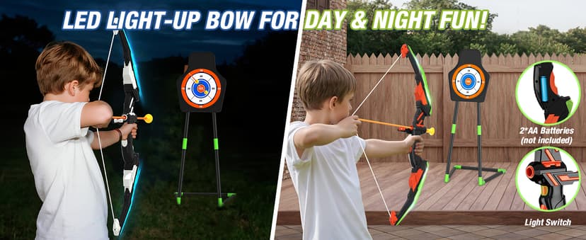 2 Pack Bow and Arrow for Kids, LED Light Up Archery Set with 24 Suction Cup Arrows, 1 Standing Target, 6 Score Targets & 2 Quiver, Indoor Outdoor Sport Gifts for Boys Girls Ages 4-8