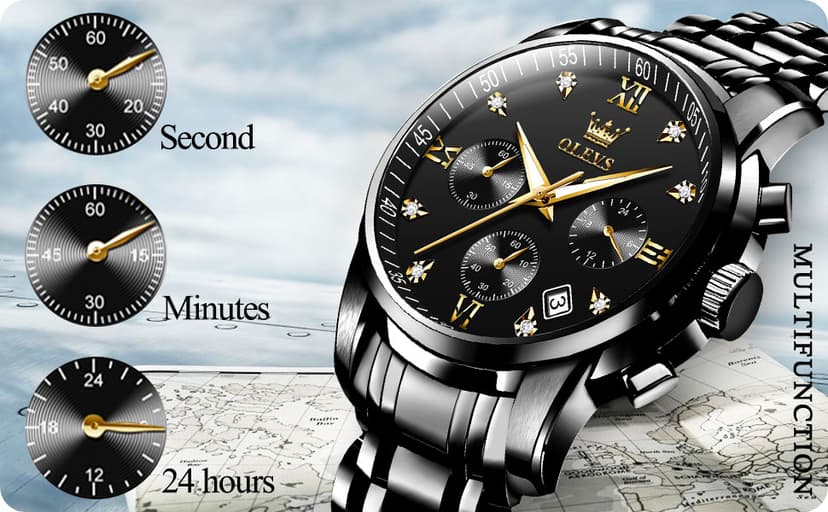 OLEVS Men's Stainless Steel Chronograph Watch, Big Face Gold Silver Black Tone Easy to Read Analog Quartz Watch, Luxury Waterproof Date Diamond Roman Arabic Numerals Dial Dress Watch for Men