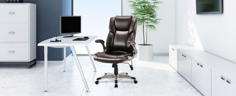 COLAMY Leather Executive Office Chair- High Back Home Computer Desk Chair with Padded Flip-up Arms, Adjustable Tilt Lock, Swivel Rolling Ergonomic Chair for Adult Working Study-Black, Set of 2