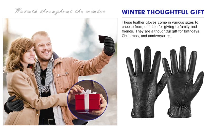 QOF Winter Genuine Leather Gloves for Men, Cashmere Warm Lined Finger Touchscreen Texting Driving Gloves