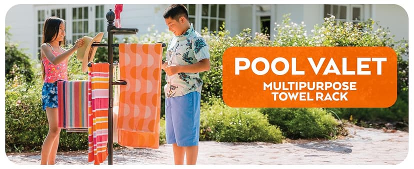 O2COOL Pool & Spa Valet, Adjustable Pool & Patio Towel Holder with Weighted Base, Outdoor Towel Bar, Poolside Table, Bronze