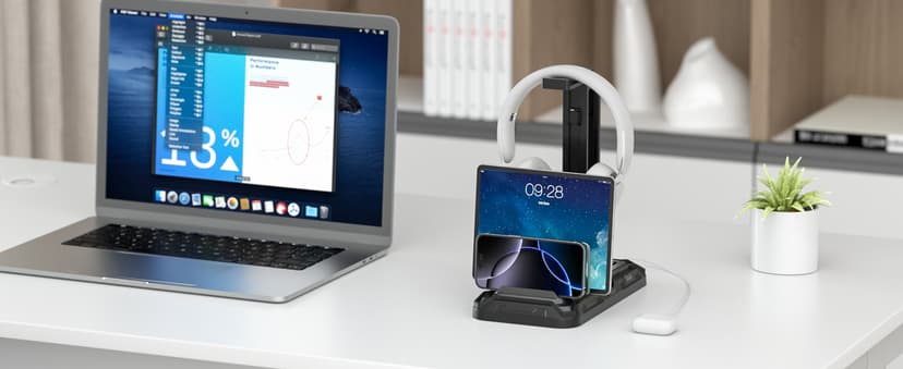 KDD Headset Stand with Charging Station - Detachable Controller Holder with 9 Light Modes - Rotatable Headphone Hanger with USB A&C Charger Ports - Earphone Hook for PC Gaming Accessories Storage B0DGGH8KN1