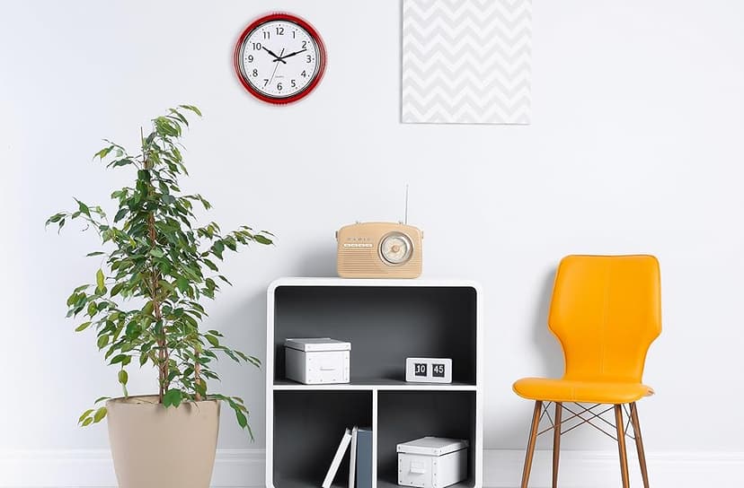 Bernhard Products Retro Wall Clock 9.5 Inch Red Kitchen 50's Vintage Design Round Silent Non Ticking Battery Operated Quality Quartz Clock