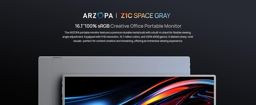 ARZOPA 16.1" Portable Monitor Gray, 100% sRGB FHD 1080P Kickstand Portable Laptop Monitor High Color Gamut Display IPS Eye Care Screen for High-end Office & Entertainment -Z1C Gray