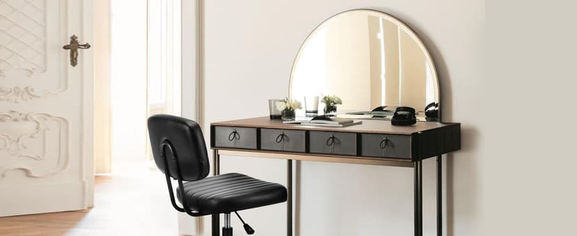 Sweetcrispy Small Office Desk Chair - Armless PU Leather with Comfy Lumbar Support, Height Adjustable Rolling Swivel Task for No Arms, for Adult, Student, Bedroom, Home, Vanity, Black