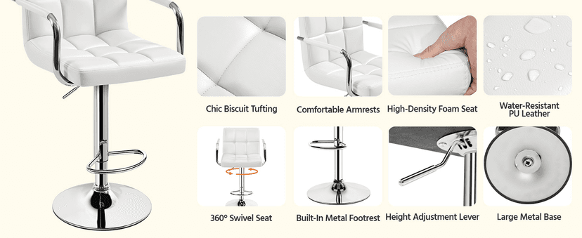 Yaheetech Bar Stools Set of 2, PU Leather Adjustable Swivel Barstools, Hydraulic Kitchen Counter Height Bar Chairs with Armrest and Back for Bar, Kitchen, Dining Room, White