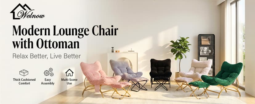 Welnow Black Lazy Chair with Ottoman, Oversized Reading Chair for Adults, Soft Padded Lounge Accent Chair for Living Room, Bedroom, Comfortable Reclining Leisure Chair with Side Pocket