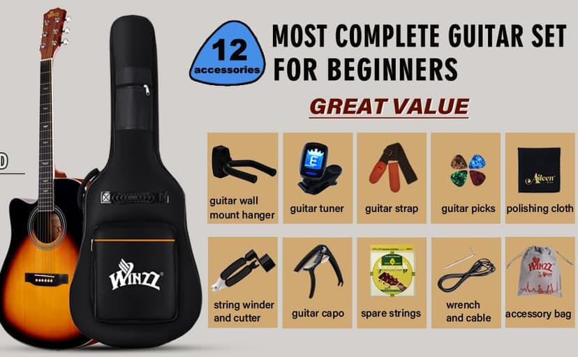 Winzz 4/4 Electro Acoustic Guitar, Left-Handed Western Guitar Set, Adult Beginners, Acoustic Guitar 41 Inch with 4-Band Equaliser (Dreadnought,Glossy Sunburst)