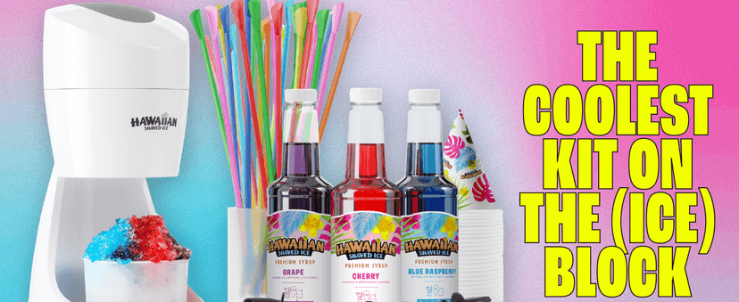 Hawaiian Shaved Ice Machine Kit - 3 Flavors, 25 Cups, Straws, Pourers, Ice Molds