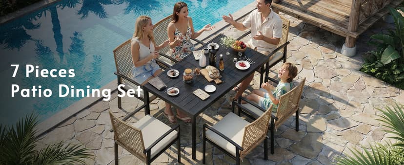 7-Piece Outdoor Dining Set for 6, Patio Dining Set with Hand-Woven Wicker Chairs & Cushions, 60" x 33" x 30" Wider Aluminum Woodgrain Table for Deck, Garden, Backyard