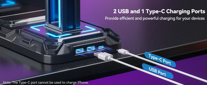KDD Headset Stand with Charging Station - Detachable Controller Holder with 9 Light Modes - Rotatable Headphone Hanger with USB A&C Charger Ports - Earphone Hook for PC Gaming Accessories Storage B0DGGH8KN1