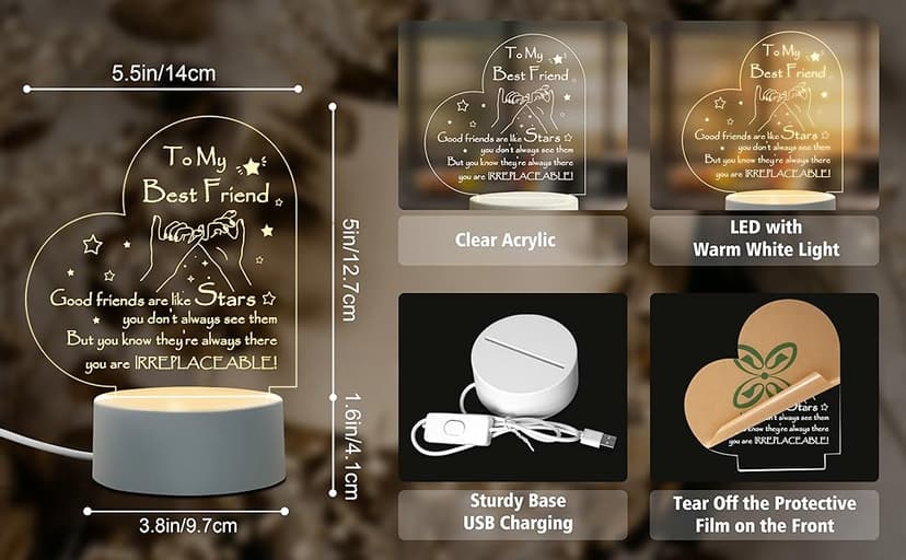 Afterprints Friendship Gifts - Engraved Heart-Shaped Night Light, Best Friend Birthday Gifts for Women, Girls Friends, Christmas Gift for Friends, Acrylic Night Lamp