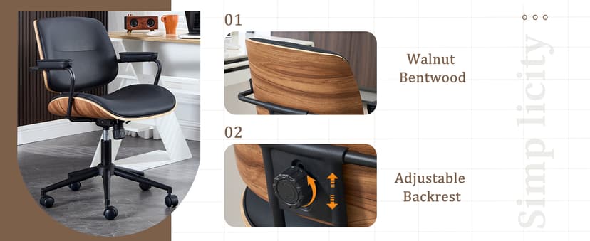 BV BONNE VIE Mid Century Walnut Office Chair with Arms, Adjustable Swivel Desk Chair, Leather Computer Chair with Rolling Wheels for Home Office or Study Room, Black