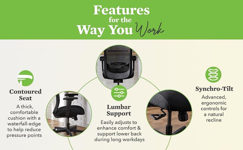 HON Convergence Ergonomic Office Chair with Mesh Back, Adjustable Arms, Lumbar Support, Synchro‑Tilt Desk Chair with Wheels for Home Office or Computer Use, Black Frame, Black