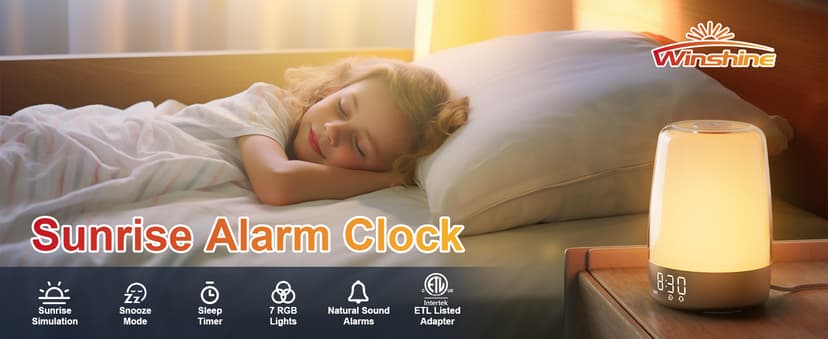 winshine Touch Wake Up Night Light with Sunrise Simulation Alarm Clock, 3 Ways Dimmable Warm White Bedside Lamp for Kid Bedrooms RGB Ambient Table Nightstand Light,Sleep Aid Snooze Timer Mode