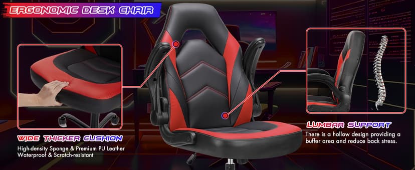 Sweetcrispy Computer Gaming Chair - PU Leather Ergonomic Lumbar Support with Flip-up Armrest and 360° Swivel Wheels, Height Adjustable Task Home Office Desk Video Racing, Red
