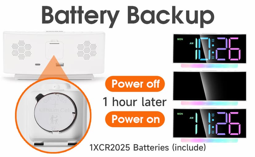 Cadmos Loud Alarm Clocks for Heavy Sleepers,Adults,Kids,Teens,Large Digital Display,7 Color Night Light,Adjustable Volume,Battery Backup,Small Bedside Clocks for Bedrooms (White+Dynamic)