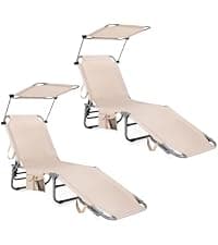 COSTWAY Tanning Chair with Face Hole, Folding Beach Lounge Chair with 4-Position Adjustable Backrest, Pillow & Side Pocket, Foldable Chaise Lounge Chair Outdoor for Sunbathing, Camping (1, Beige)