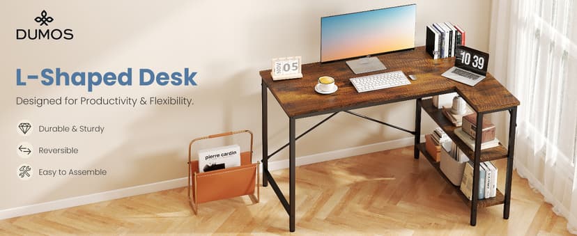 DUMOS L Shaped Desk 47 Inch Computer Desk Gaming Furniture Corner Desks Home Office PC Table with Reversible Storage Shelves for Writing Working Study Bedroom Dorm, Rustic Brown