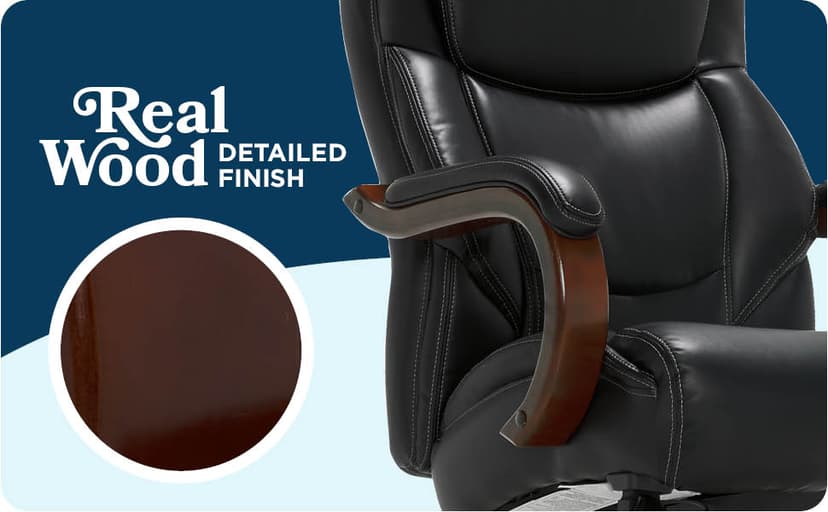 La-Z-Boy Delano Big and Tall Executive Office Chair - Ergonomic Lumbar Support Memory Foam - Bonded Leather Desk Chair for Home Office - Mahogany Wood Arms - Black