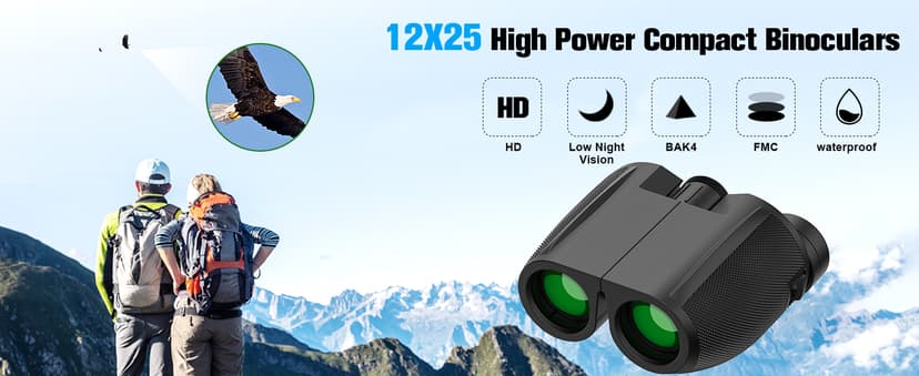 Binoculars 12x25 for Adults and Kids Compact Binocular Waterproof Binocular Wide Field of View for Bird Watching,Hiking,Hunting,Concert