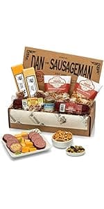 Dan the Sausageman Silver Star Gourmet Meat & Cheese Gift Box – Original & Garlic Summer Sausages, Sweet Hot Mustard, Sockeye Salmon, Water Crackers, Almond Roca – 8-Item Holiday Snack Box