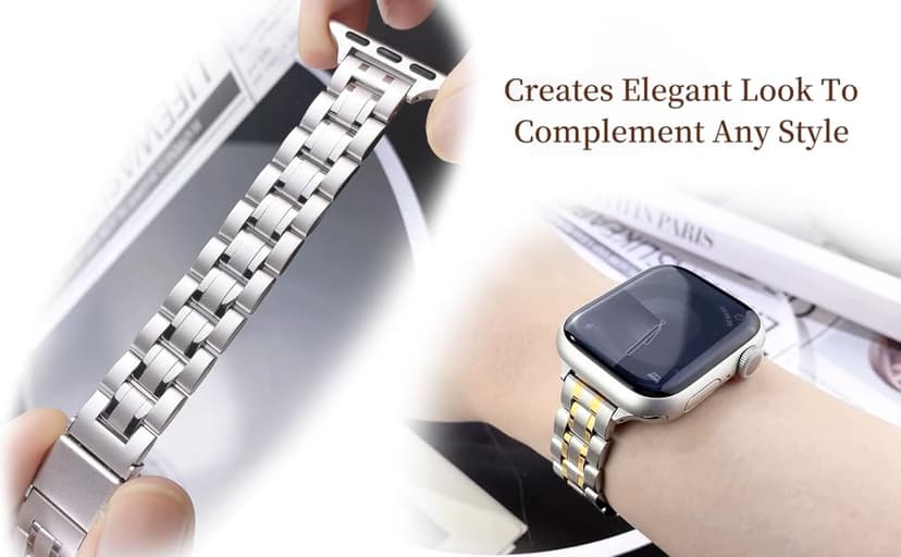 Slim Metal Band for Apple Watch Bands for Women 41mm 40mm 42mm(S10/11) 38mm iWatch Bands, Thin Dressy Fancy Strap for Apple Watch Band Series 10 11 Series 9 8 SE 7 6 5 4 3-Starlight+Rose Gold