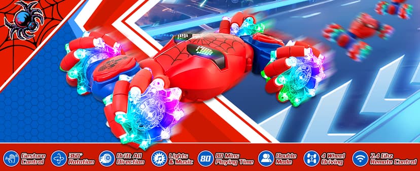 S-pider Rc Gesture Sensing Stunt Car Toys for Boys 4-14 Years Old, Drift Hand Control Remote Control Cars with Light & Music, 360°Rotation Double Side Cars Birthday Gifts for Kids Age 5 6 7 8 9 10 11