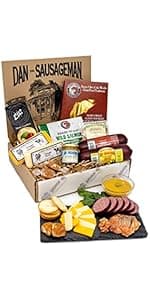 Dan the Sausageman Silver Star Gourmet Meat & Cheese Gift Box – Original & Garlic Summer Sausages, Sweet Hot Mustard, Sockeye Salmon, Water Crackers, Almond Roca – 8-Item Holiday Snack Box
