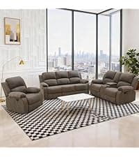 Saxum Tegmen Living Room Furniture Sets, Leather Recliner Sofa, Sectional Sofa Set with Convertible Table & Cup Holders, 3 Pieces Furniture for Living Room/RV/Office (3 Pieces Set, Brown Leather)