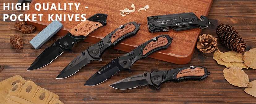 Gifts for Him Men Husband, Christmas Stocking Stuffers, Anniversary Birthday Gifts ideas for Him, Engraved Pocket Knife, Wooden Handle Folding Knife with Wood Box, Unique Outdoor Camping Hiking Tool