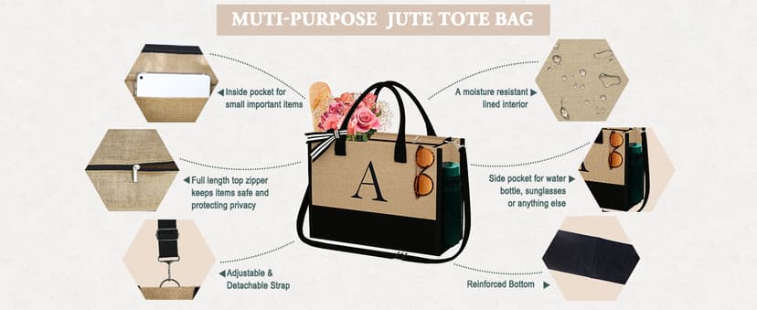 YOOLIFE Personalized Gifts for Women - Initial Jute Tote Bag & Makeup Bag, Birthday Gifts for Women Mom Wife Teacher Friend