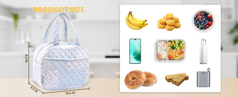 WOBAGMEN Quilted Lunch Box for Women,Lunch Box for Teen Girls,Cute Floral Lunch Bags for Work, School,Office,Picnic,Travel (green blue pin)