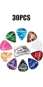 ROTOPATA Guitar Picks with Organizer Storage Box, 0.5 0.75 1.0 mm Thin Medium Heavy Plectrums, Colorful Celluloid Guitar Accessories for Bass Electric Acoustic Guitars Ukulele, 15 Pack