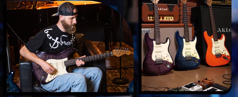 AKLOT Beginner Electric Guitar Kit: 10W Amp, Coil-Split HSS Pickups, Lesson Book, Roasted Maple Neck, Gig Bag, Tuner, Strap, Picks, Stryde Violet Venom