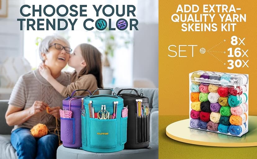 CRAFTISS Knitting Bag Yarn Storage - Christmas Gift - Durable Canvas Yarn Holder for Crochet Accessories - Organizer Crochet Bag with Knitting Accessories Case (Turquoise)