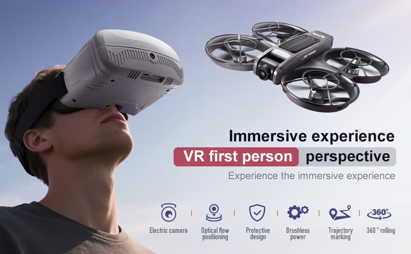 VR FPV Drone, Experience First-Person View Flight, Comes With a VR Goggle Kit and Remote Controller. The Drone Features a Full Propeller Protection Guard and Collision-Resistant Structure, Making It Easy to Operate and Perfect for Beginners. Equipped With an Optical Flow Positioning System and Brushless Motors for Smoother and More Precise Flight. FPV Quadcopter for Entertainment or as a High-Performance Remote Control Helicopter.