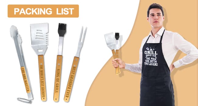 Grandpa Gifts from Grandkids, Fathers Day Grandpa Gift Heavy Duty Wooden BBQ Grilling Accessories Kit for Backyard, Thick Stainless Steel Grill Utensils with Non-Slip Handle Tools in Portable Bag