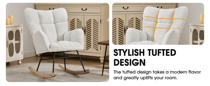 Nursery Rocking Chair, Teddy Upholstered Glider Chair with Thick Cushion, Tufted Gliding Rocker Chair with Wood Leg, Cozy Rocking Armchair, Accent Rocking Chair for Living Room (Ivory)