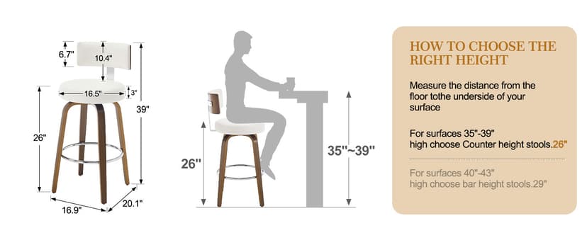 Bekrvio Swivel Counter Height Bar Stools Set of 3, Faux Leather Kitchen Stools Upholstered Barstools with Back, Walnut Wood Legs, Mid Century Island Chairs Counter Stools, 26" Seat Height, White