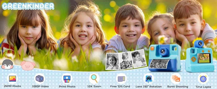 Kids Camera Instant Print, Christmas Birthday Gifts for Girl Boys 3-12 Years Old, FHD Selfie Digital Video Cameras Toddler 3 Rolls Print Paper & 32G Card (Blue) B0CSYC751H