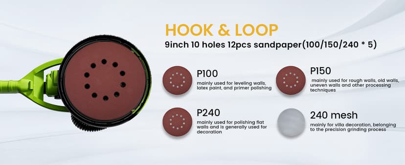 WorkBless Drywall Sander, 1050W 7.2A Popcorn Ceiling Removal Tool, Automatic Drywall Sander with Vacuum Dust Collector, 7 Variable Speed 1000-2100RPM, 15Pcs Sanding Discs(Green)